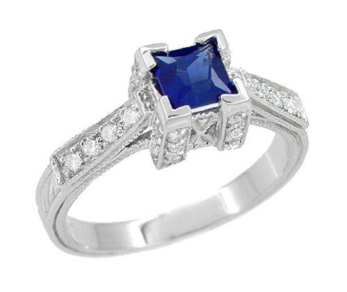 Art Deco 1 2 Ct Square Sapphire Side Diamond Engagement Ring in 18K White Gold Antique Jewelry Mall