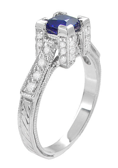 Art Deco 1/2 Carat Square Princess Cut Sapphire and Diamond Engagement Ring in 18 Karat White Gold - Item: R661S - Image: 3