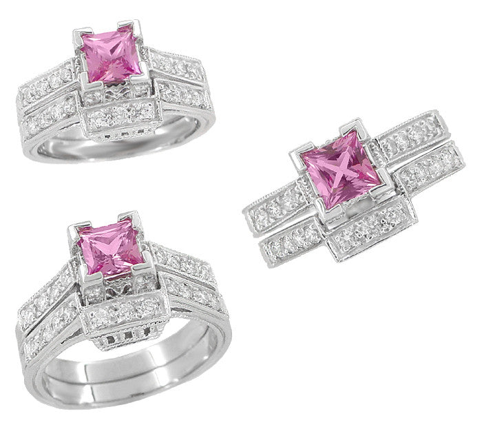 Art Deco 1/2 Carat Princess Cut Pink Sapphire and Diamond Engagement Ring in 18 Karat White Gold - Item: R661PS - Image: 4