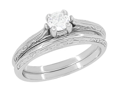 Art Deco Engraved Scrolls Diamond Engagement Ring and Wedding Ring Set in White Gold