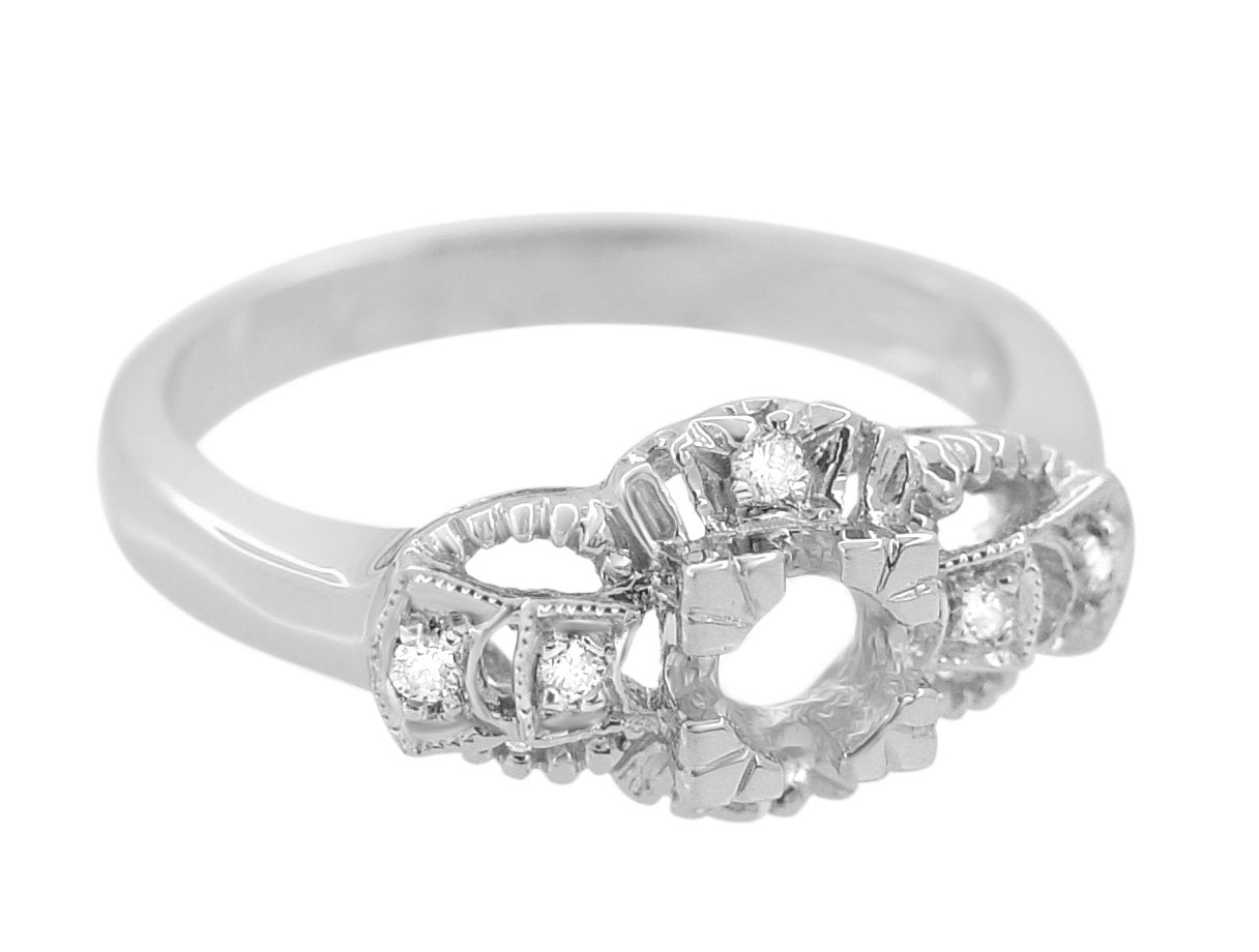 Filigree East to West Art Deco Engagement Ring Setting in White Gold for a 1/4 Carat Round Diamond - Item: R680W - Image: 3