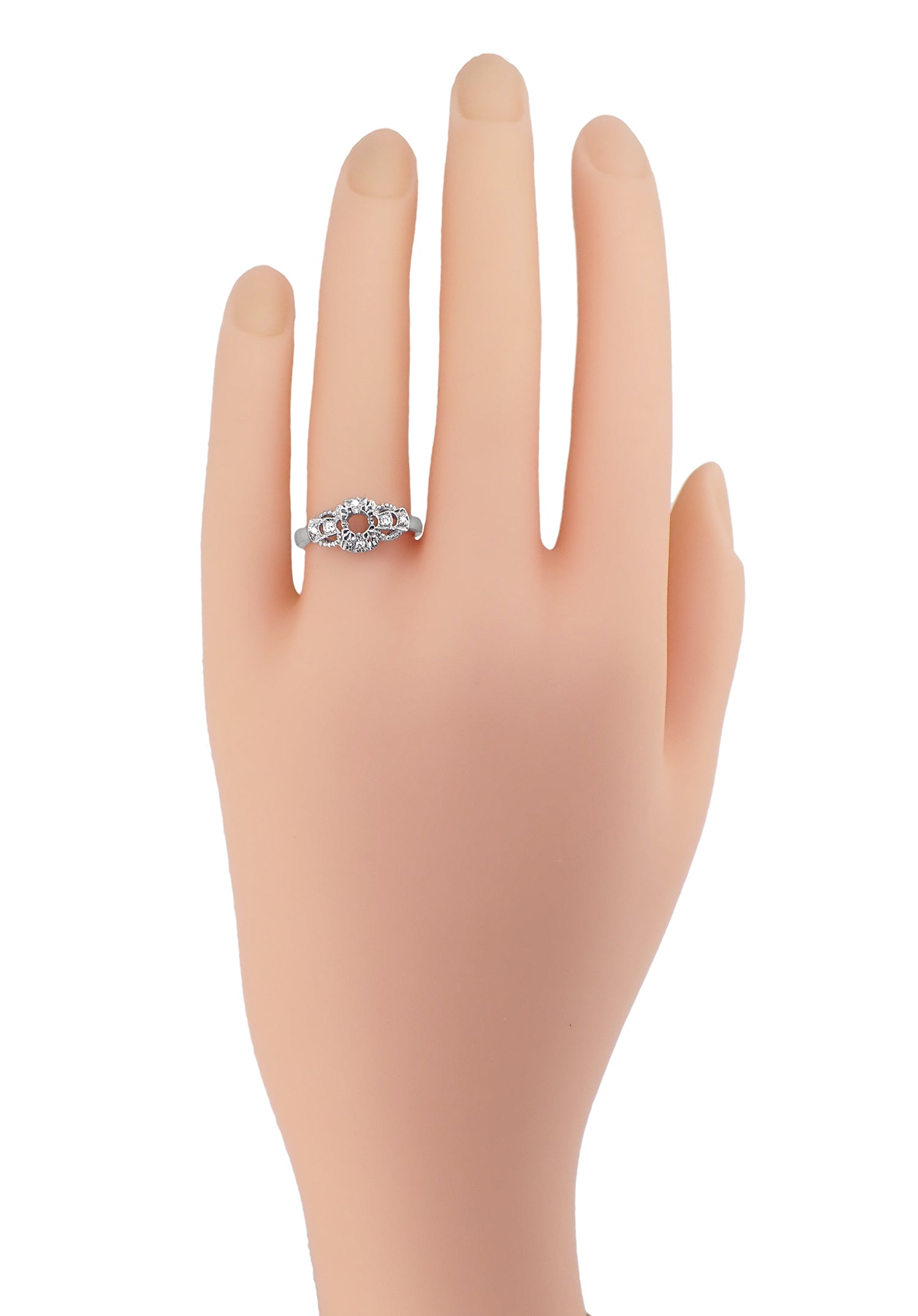 Filigree East to West Art Deco Engagement Ring Setting in White Gold for a 1/4 Carat Round Diamond - Item: R680W - Image: 4