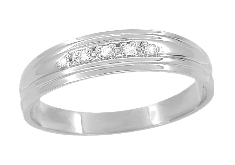 Vintage Style Men's Diamond Retro Moderne Wedding Ring in 14 Karat White Gold