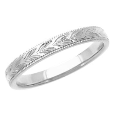 Art Deco Hand Carved Hawaiian Maile Leaves Wedding Band in White Gold - 14K or 18K