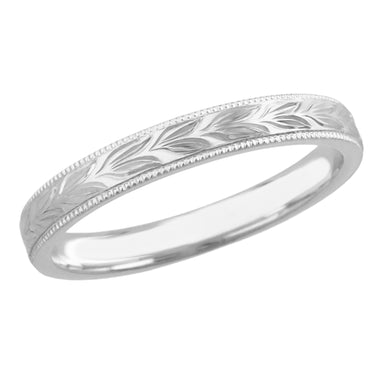 Art Deco Hand Carved Hawaiian Maile Leaves Wedding Band in White Gold - 14K or 18K - alternate view