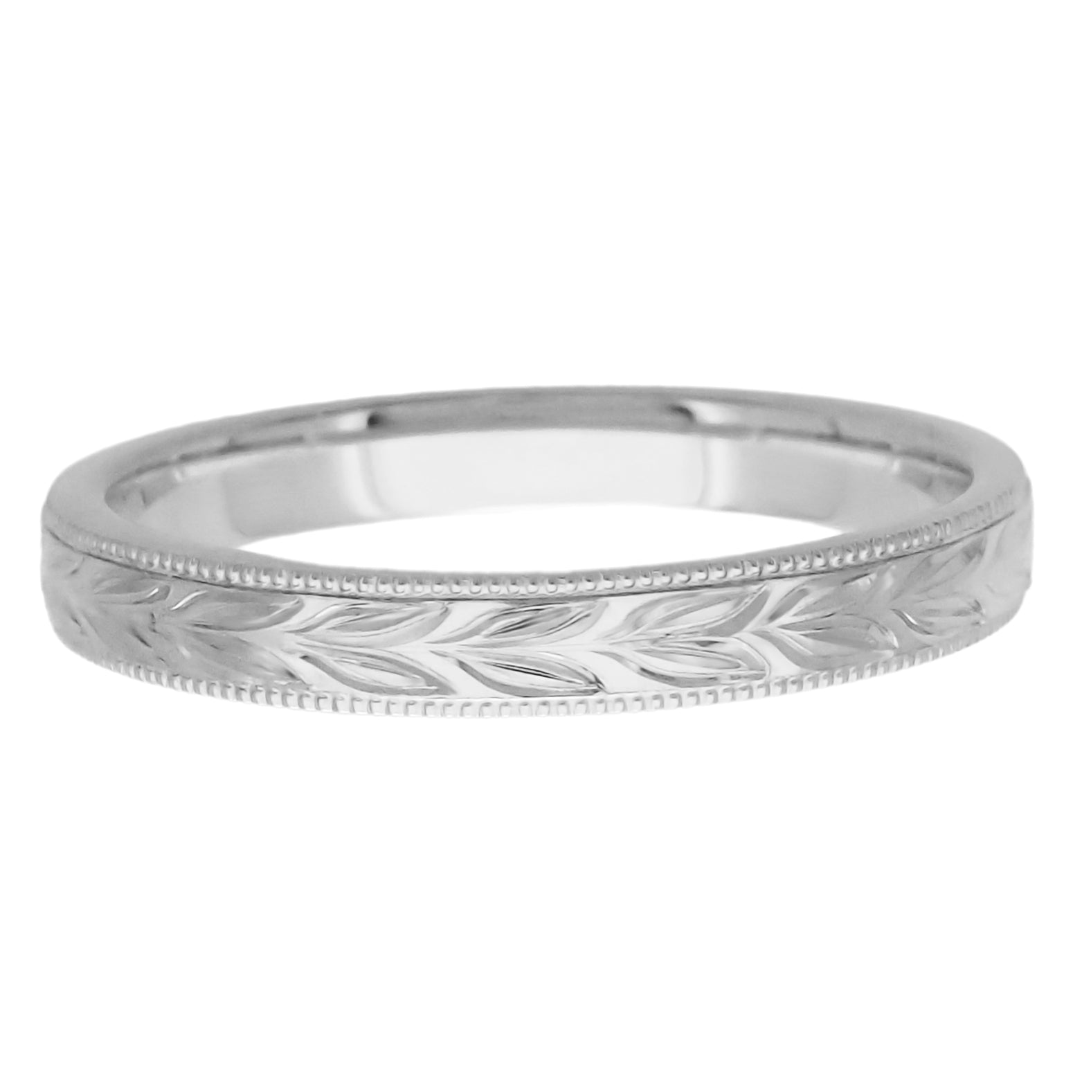 Platinum Antique Inspired Art Deco Hand Engraved Hawaiian Maile Leaves Wedding Ring - Item: R719P - Image: 2
