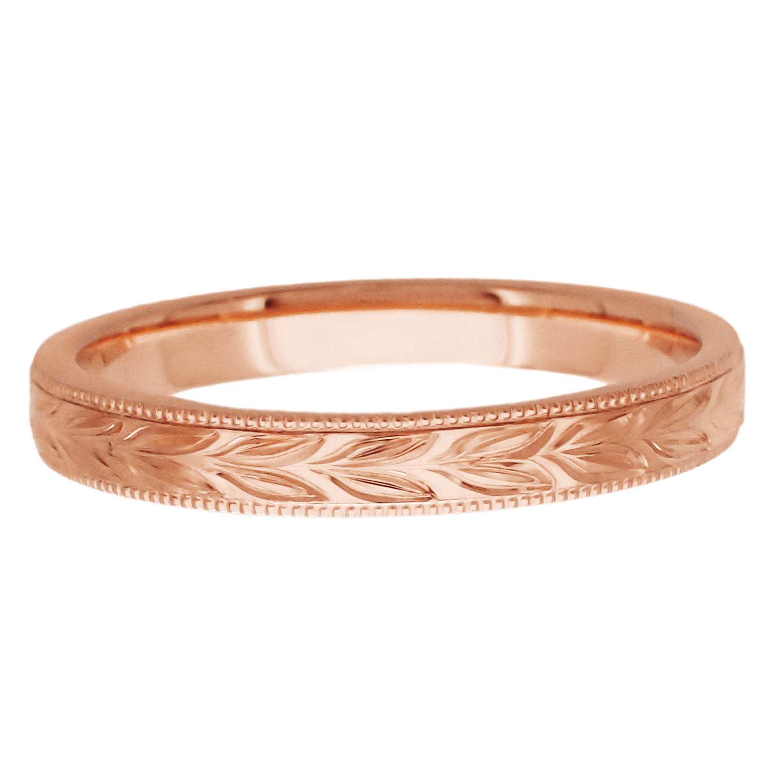 Antique Style Hand Engraved Hawaiian Maile Leaves Wedding Band in 14 Karat Rose Gold - 3mm Wide - Item: R719R - Image: 2