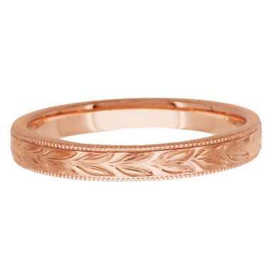 Antique Style Hand Engraved Hawaiian Maile Leaves Wedding Band in 14 Karat Rose Gold - 3mm Wide - alternate view