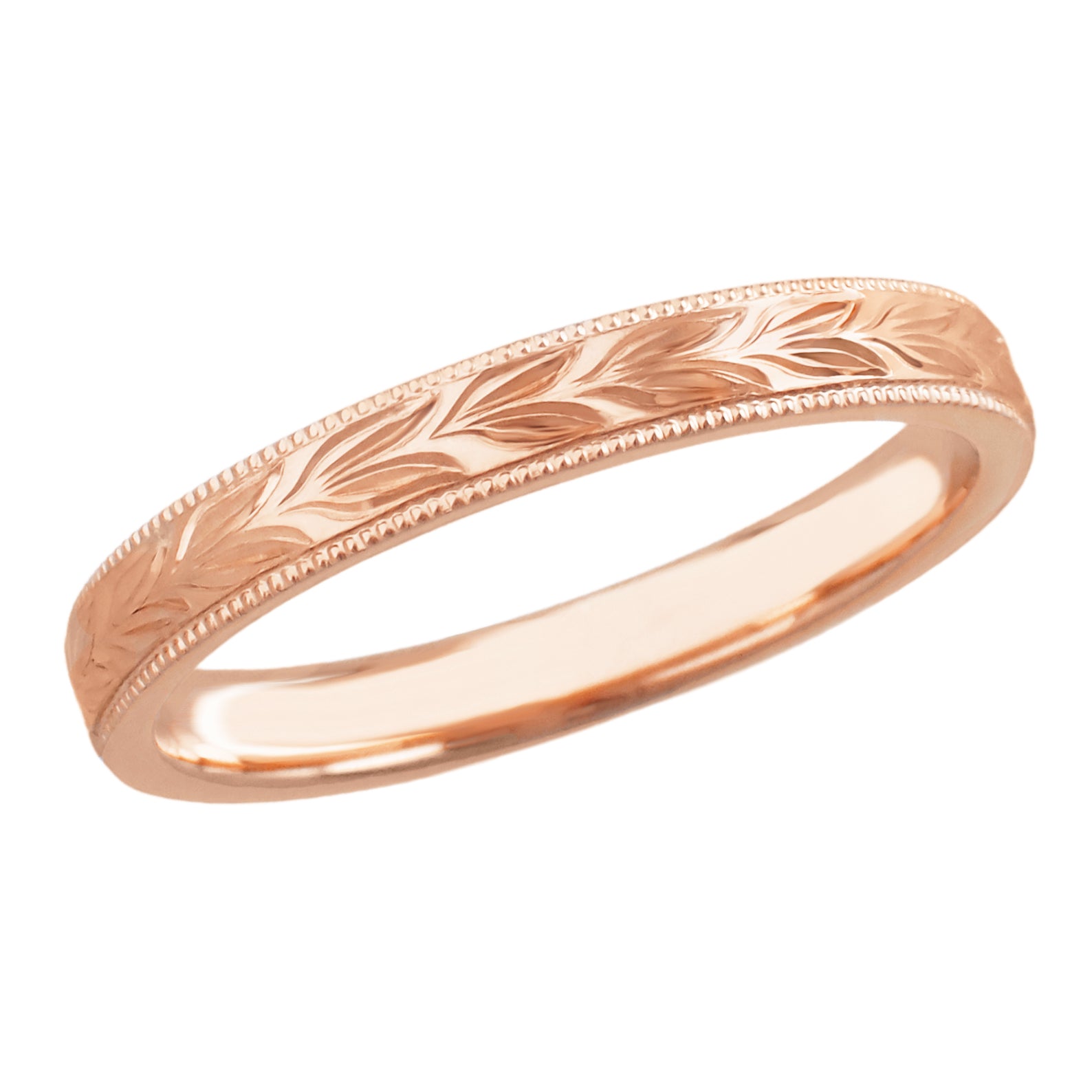 Antique Style Hand Engraved Hawaiian Maile Leaves Wedding Band in 14 Karat Rose Gold - 3mm Wide - Item: R719R - Image: 4
