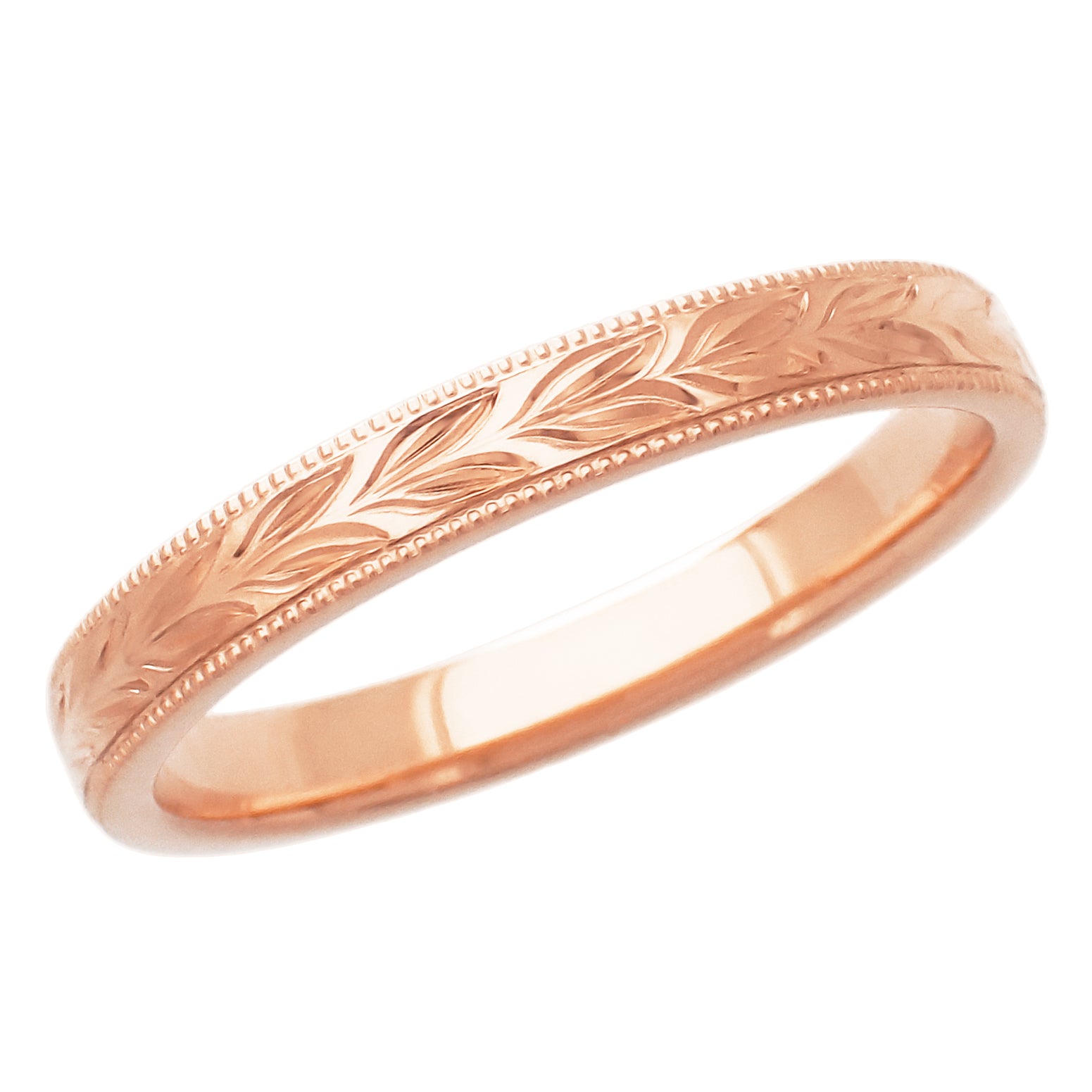 Antique Style Hand Engraved Hawaiian Maile Leaves Wedding Band in 14 Karat Rose Gold - 3mm Wide