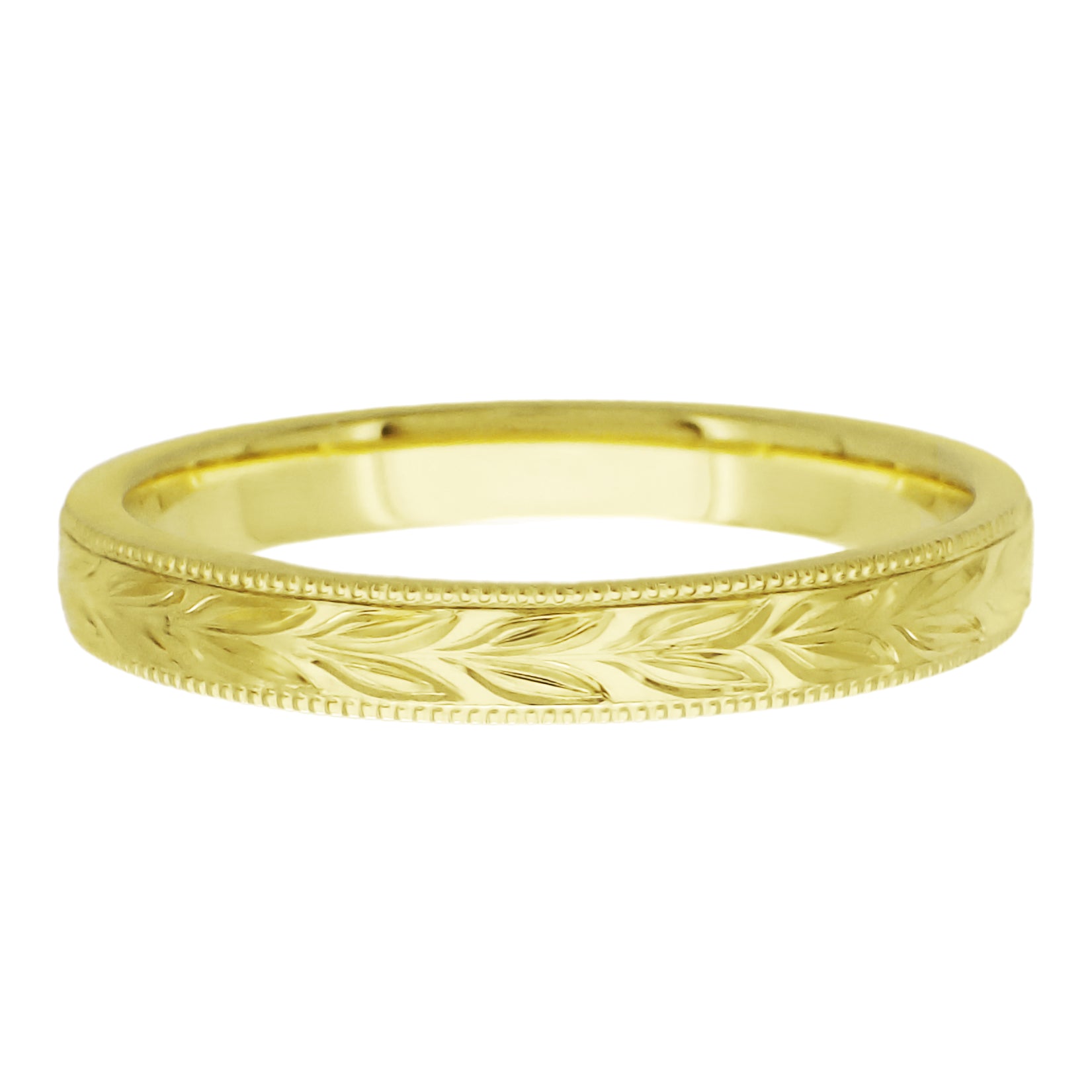 Yellow Gold Vintage Inspired Hand Carved Hawaiian Maile Leaves Wedding Band - 14K or 18K - Item: R719Y - Image: 4