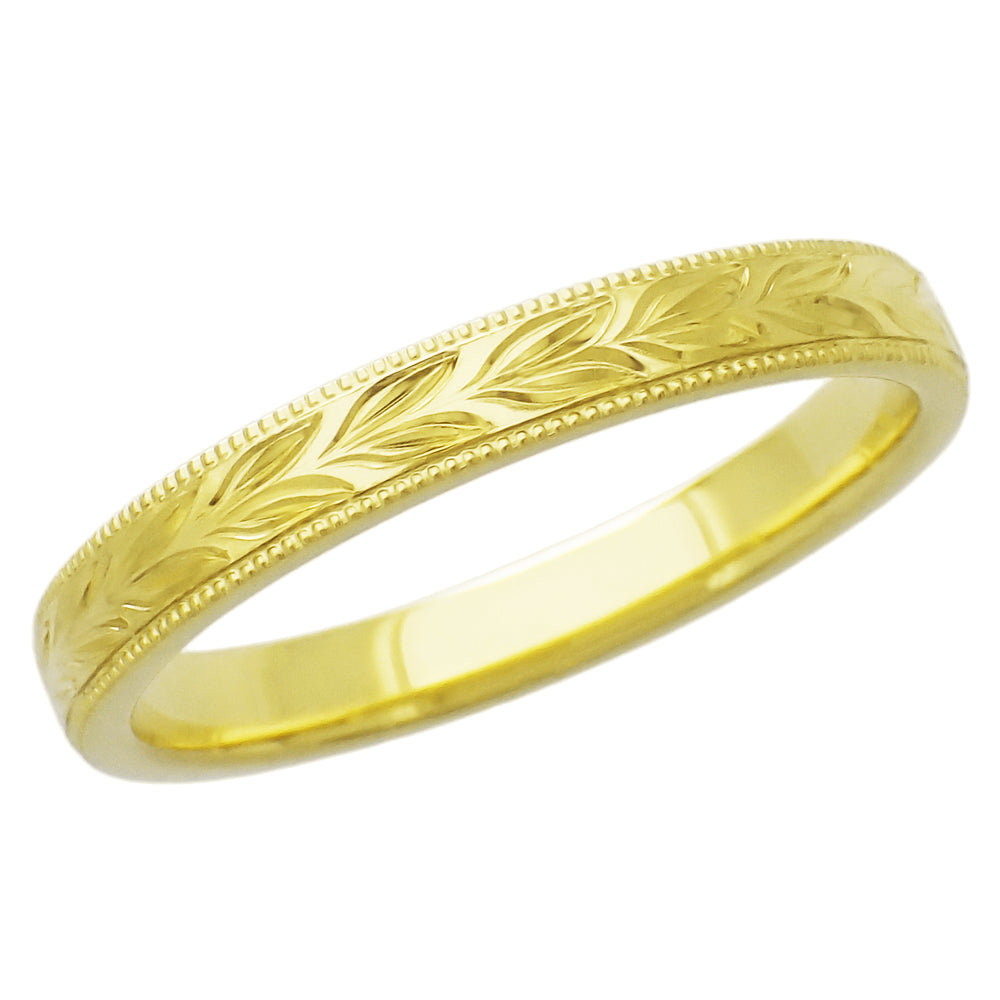 Yellow Gold Vintage Inspired Hand Carved Hawaiian Maile Leaves Wedding Band - 14K or 18K - Item: R719Y - Image: 3