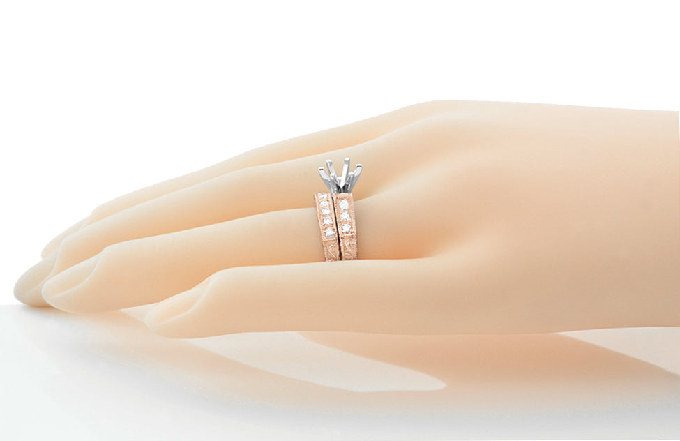 Art Deco Carved Scrolls 1/2 Carat Round Diamond Engagement Ring Setting and Wedding Ring in 14 Karat Rose Gold - Item: R723R-LC - Image: 3