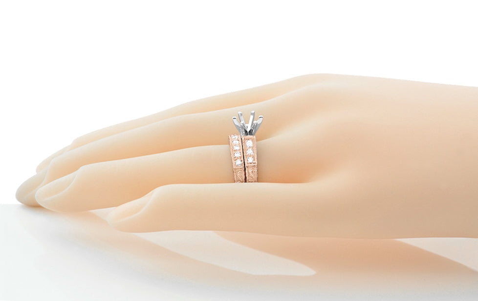 Art Deco Engraved Scrolls 14 Karat Rose Gold 3/4 Carat Diamond Engagement Ring Semimount and Diamond Wedding Ring - Item: R724R - Image: 3