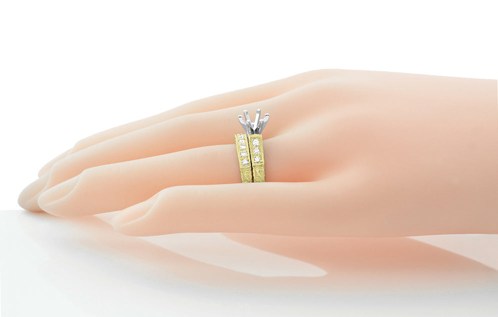 Art Deco Scrolls Engraved Yellow Gold 3/4 Carat Diamond Engagement Ring Mounting and Wedding Ring Set - 14K or 18K - Item: R724Y14 - Image: 3