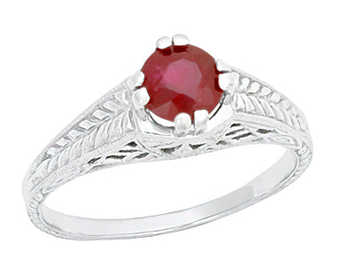 Art Deco Ashford Filigree Ruby Birthstone Engagement Ring in 14 Karat White Gold