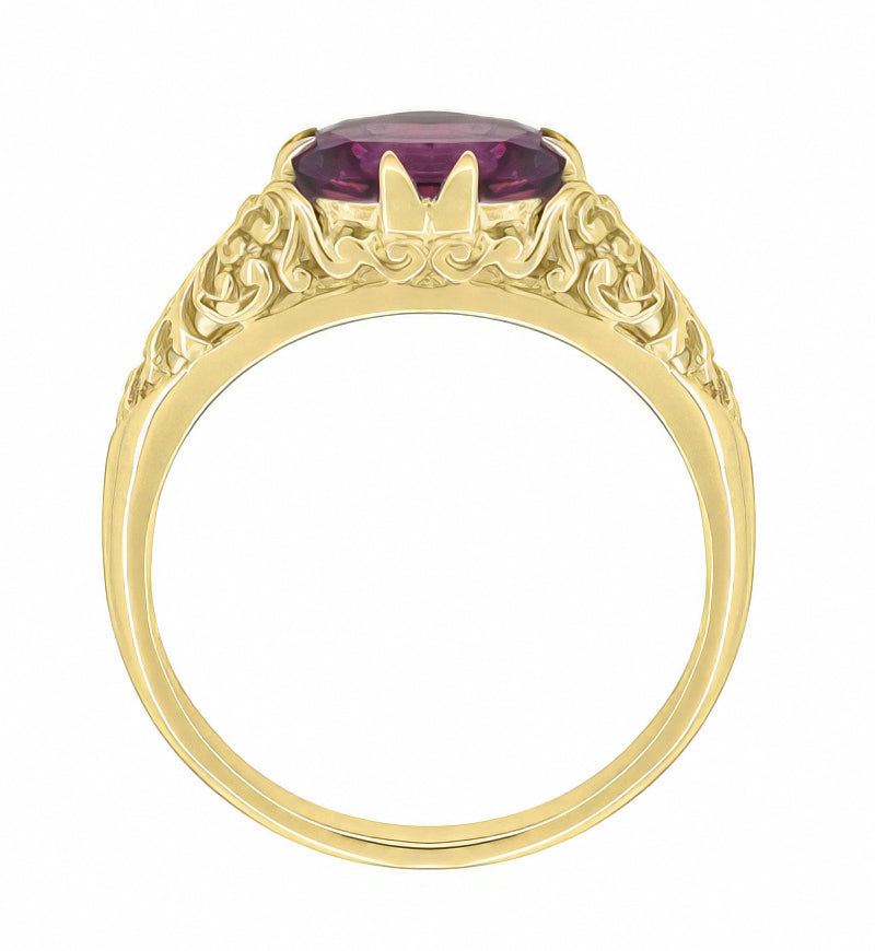 Yellow Gold Edwardian East West Oval Rhodolite Garnet Filigree Engagement Ring - Item: R799YRG - Image: 5