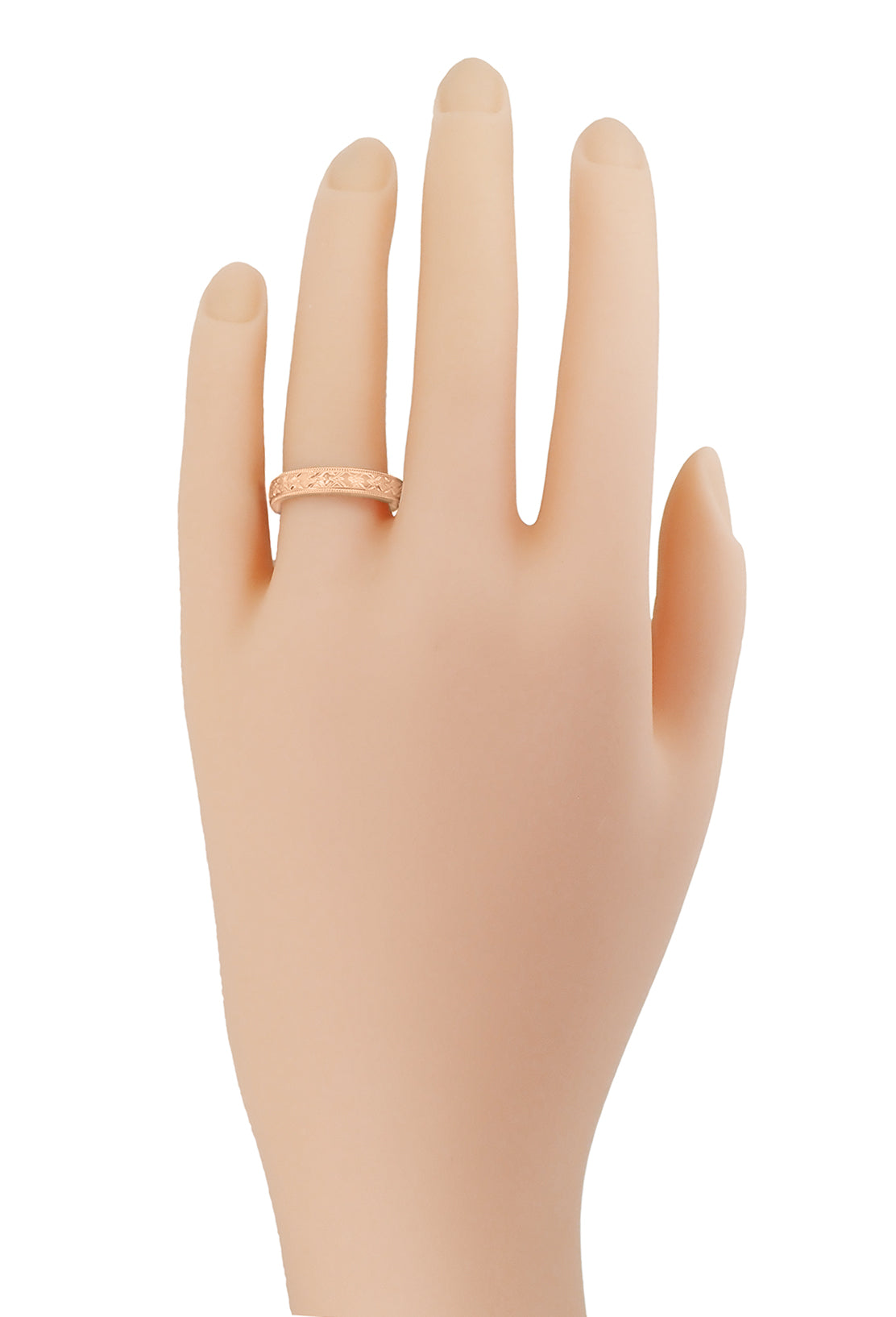 R803R Mid Century Modern Rose Gold Wedding Ring on A Ladies Hand