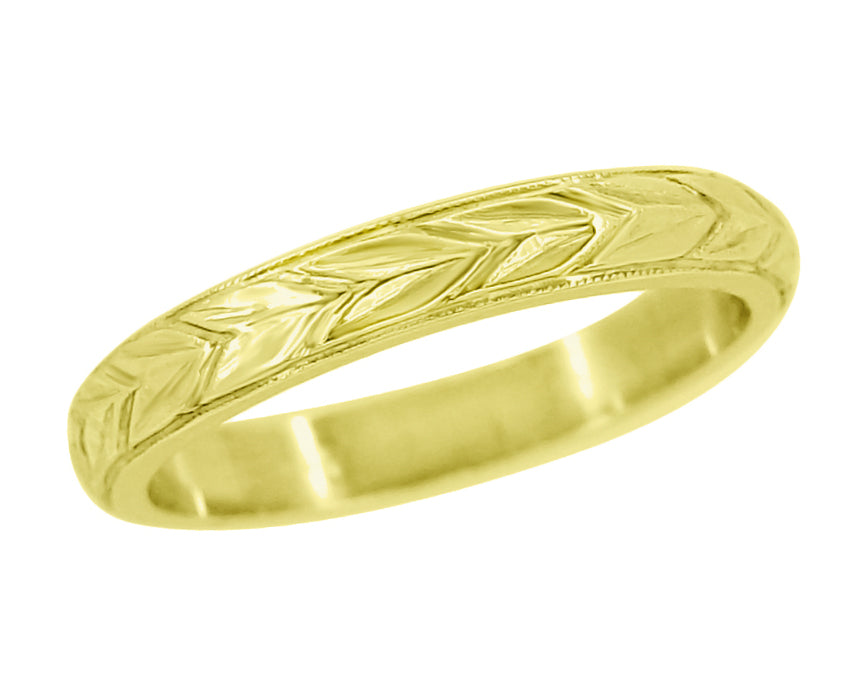 Art Deco Carved Maile Leaves Antique Style Wedding Ring in 14K or 18K Yellow Gold