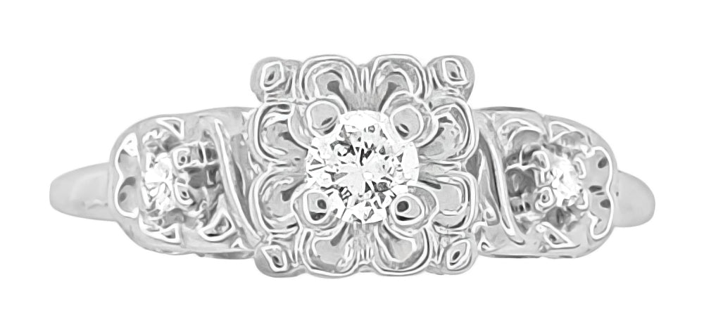 Carlotta 1940's Mid Century Retro Modern Vintage Diamond Engagement Ring in 14 Karat White Gold - Item: R834 - Image: 2