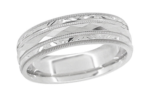 Kaleidoscope and Chevrons 6mm Wide Retro Engraved Wedding Band in White Gold - 14K or 18K - Item: R859W - Image: 2