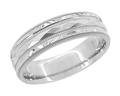 Kaleidoscope and Chevrons 6mm Wide Retro Engraved Wedding Band in White Gold - 14K or 18K
