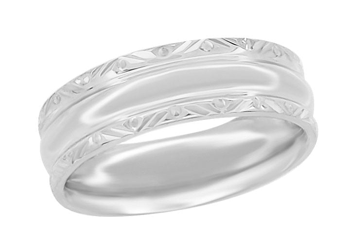 Circles and Chevrons 1950's Retro Carved Wedding Band in White Gold - 6mm Wide