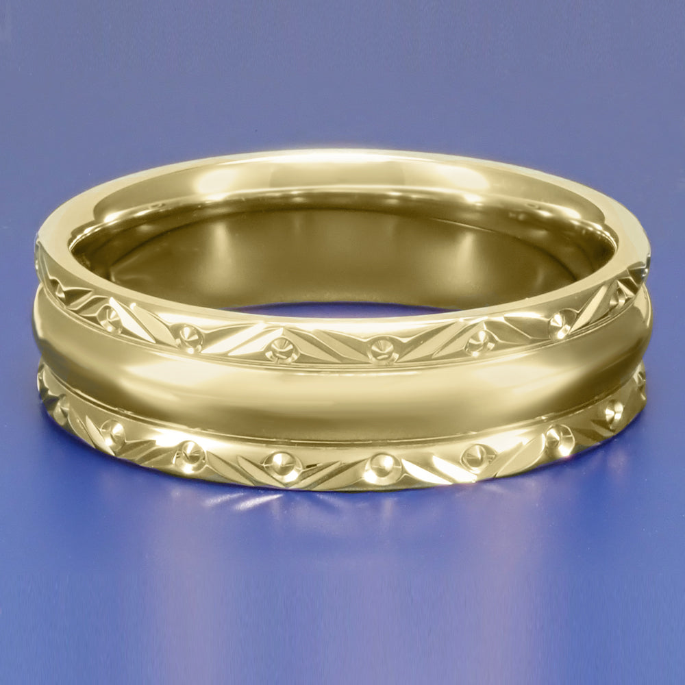 Mid Century Modern Circles and Chevrons Retro Engraved 6mm Wide Wedding Band in Yellow Gold - Item: R860Y - Image: 3