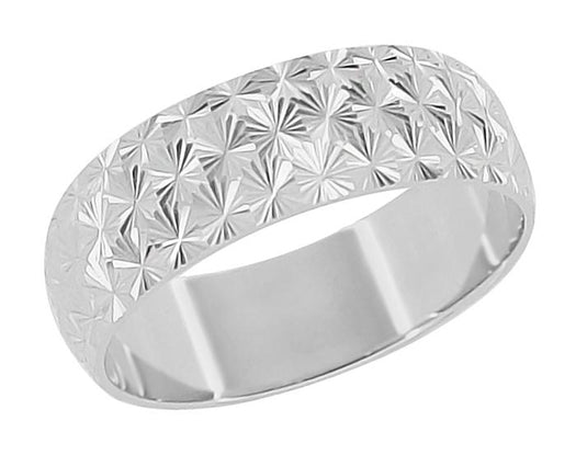 Mid Century Modern Vintage Starbursts Engraved Wedding Band in 10K or 14K White Gold - 6mm Wide