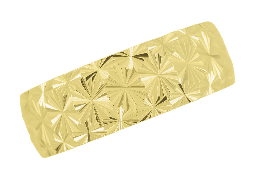 Yellow Gold Vintage Starbursts Engraved Mid Century Modern Wedding Ring  - 8mm Wide - Item: R861Y8 - Image: 2
