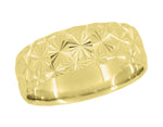 Yellow Gold Vintage Starbursts Engraved Mid Century Modern Wedding Ring  - 8mm Wide