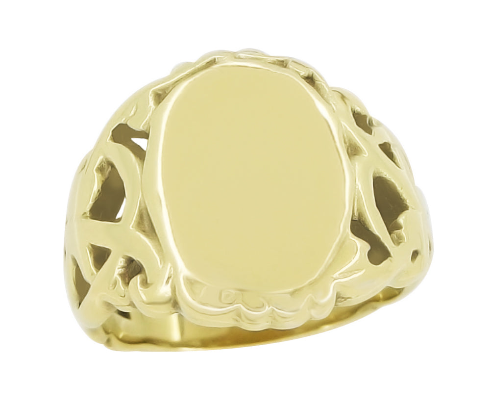 Mens Vintage Art Nouveau Filigree Oval Signet Ring in 14K Yellow