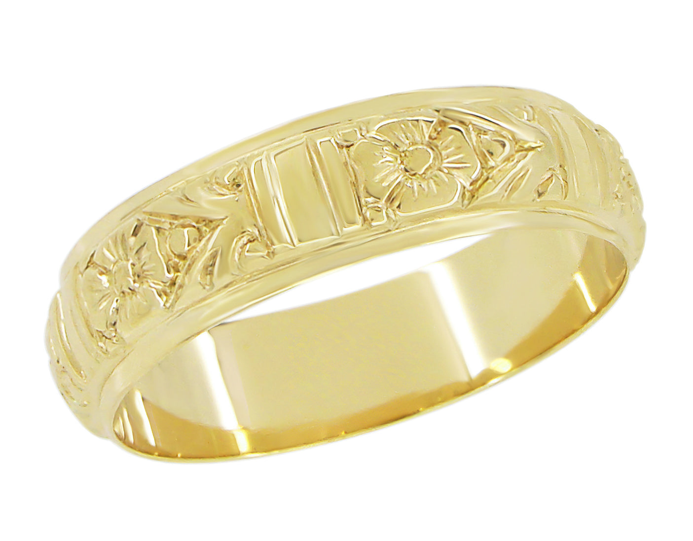 14K or 18K Yellow Gold Vintage Wedding Band with a Deep Hand Carved Floral Design 6mm Wide - R885Y