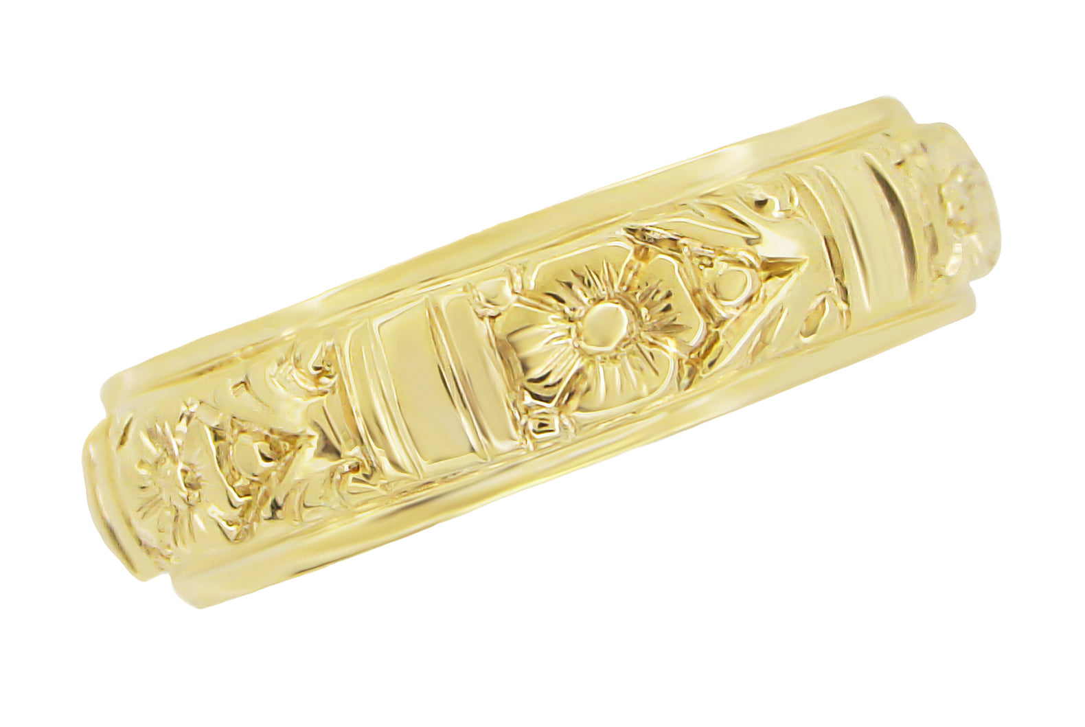 Victorian Yellow Gold Mens Vintage Wedding Band with Deep Hand Engraved Floral Pattern 6mm Wide 18K or 14K - R885Y