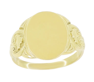 Men's Large Oval Victorian Signet Ring in 14 Karat Yellow Gold With Side Scroll Engraving