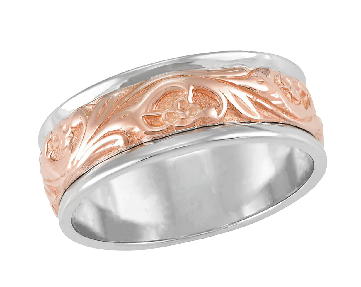 Two Tone Antique Style Art Nouveau Sculptural Wide Wedding Band in 14 Karat White and Rose Gold