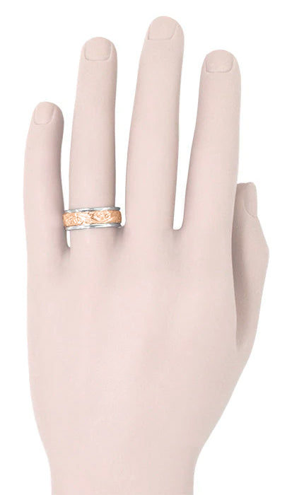 Two Tone Antique Style Art Nouveau Sculptural Wide Wedding Band in 14 Karat White and Rose Gold - Item: R898 - Image: 2