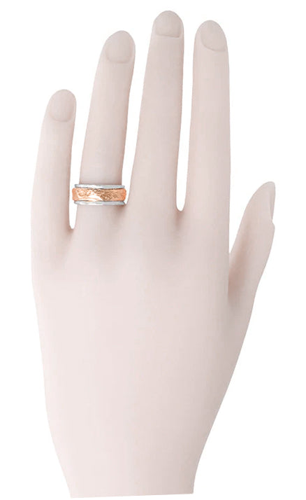 Two Tone Antique Style Art Nouveau Sculptural Wide Wedding Band in 14 Karat White and Rose Gold - Item: R898 - Image: 3