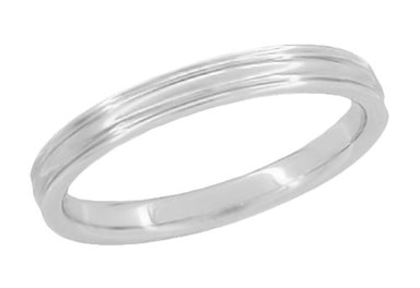 Retro Moderne 3mm Double Grooved Wedding Band Ring in 14 Karat White Gold | 1950s Design