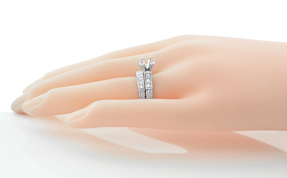 Art Deco Vintage Scrolls 1.25 Carat Round Diamond Engagement Ring Setting and Wedding Ring in White Gold - Item: R956W14-LC - Image: 6