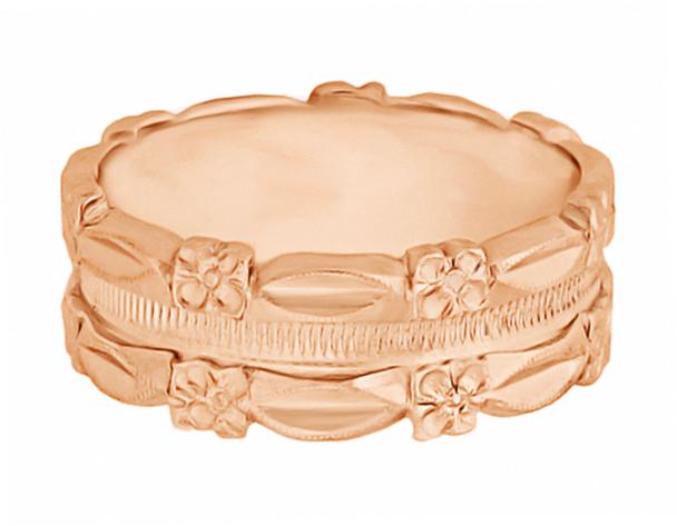 Rose Gold Carved Pansy Flowers 7mm Wide Vintage Wedding Band - R978R