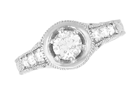 Antique Halo Style Flush Mounting Low Profile Ring Semimount For a 1 Carat Diamond with Side Diamonds and Filigree in White Gold 18K or 14K - R990W1NS