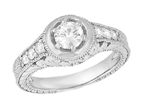 Art Deco Filigree Flowers and Scrolls Engraved Diamond Engagement Ring in 14 Karat White Gold