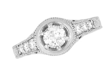 Art Deco Filigree Flowers and Scrolls Engraved 1/2 Carat Diamond Halo Engagement Ring in 14 Karat White Gold - alternate view