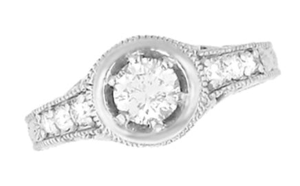 Art Deco Filigree Scrolls and Flowers Carved Low Profile 3/4 Carat Diamond Engagement Ring Setting in White Gold - 14K or 18K - Item: R990W75NS - Image: 4