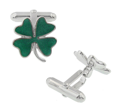 Lucky Four Leaf Clover Green Shamrock Enameled Cufflinks in 925 Solid Sterling Silver - Item: SCL120E - Image: 2