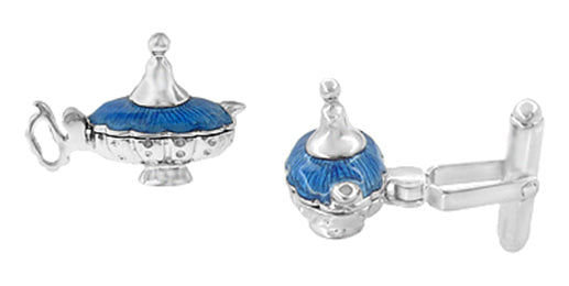 Magic Genie Lamp Movable Cufflinks in Sterling Silver with Blue Enamel - Item: SCL146E - Image: 2