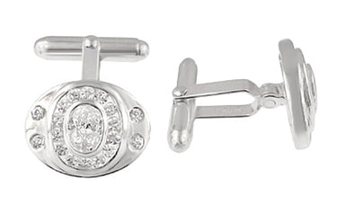 1970's Style Classic Oval Cufflinks Set with Cubic Zirconia ( CZ ) Gemstones in Solid Sterling Silver - alternate view