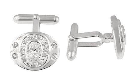 1970's Style Classic Oval Cufflinks Set with Cubic Zirconia ( CZ ) Gemstones in Solid Sterling Silver - Item: SCL185 - Image: 2