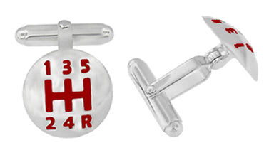 Car Drivers Gear Shift Cufflinks in Sterling Silver with Red Enamel - Cuff Links - alternate view